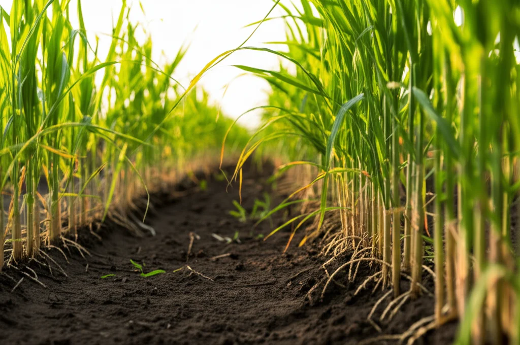 Fotografia realistica di piante di miglio africano (Eleusine coracana) che crescono in un campo fertile all'alba. La messa a fuoco è sulla base delle piante, mostrando radici sane che interagiscono visibilmente con un terreno ricco e scuro. Obiettivo grandangolare, 24mm, per catturare l'estensione del campo con file di miglio che si perdono in lontananza. Luce calda del mattino, profondità di campo accentuata, sharp focus sulle piante in primo piano.