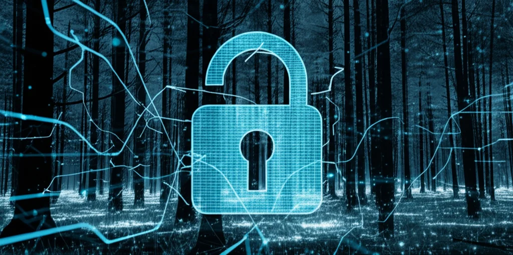 Immagine fotorealistica concettuale della sicurezza informatica: un lucchetto digitale high-tech sovrapposto a una rete neurale luminosa e a una foresta stilizzata, simboleggiando l'unione di CNN e Random Forest per proteggere i dati. Obiettivo prime 50mm, profondità di campo, toni blu ciano e grigio scuro duotone.