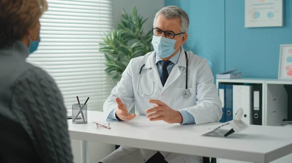 Immagine fotorealistica di un medico di base che discute con calma e attenzione con un paziente in un ambiente di studio medico moderno e accogliente, simboleggiando l'importanza della relazione medico-paziente nello screening oncologico. Obiettivo prime 35mm, luce naturale da una finestra, profondità di campo che mantiene entrambi a fuoco.