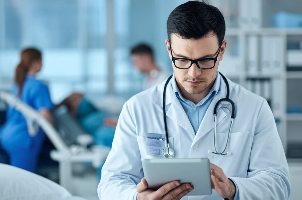 Medico che esamina attentamente i risultati di un esame del sangue su un tablet in un ambiente ospedaliero luminoso, lente prime 50mm, profondità di campo che sfoca leggermente lo sfondo, focus sui dati e sull'espressione concentrata del medico.