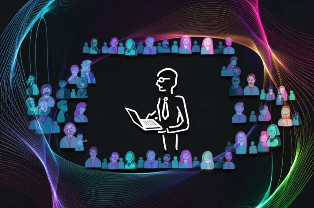 Visualizzazione astratta di onde sonore colorate che rappresentano il sentiment (positivo, negativo, neutro) emanate da un gruppo diversificato di studenti universitari verso un docente stilizzato al centro. Obiettivo 35mm, profondità di campo, illuminazione soffusa ma focalizzata sui dati.