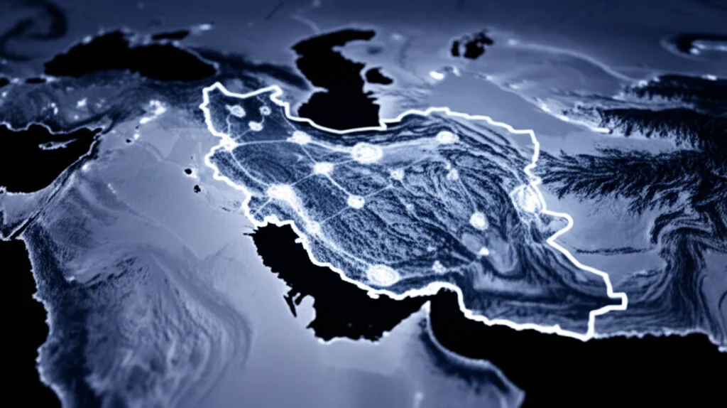 Fotografia in stile documentaristico, obiettivo 35mm, che mostra una visualizzazione astratta di una rete neurale luminosa sovrapposta a una mappa stilizzata dell'Iran orientale, con colori duotone blu notte e argento, profondità di campo ridotta, simboleggiando la ricerca genetica sull'ictus ischemico in quella popolazione.