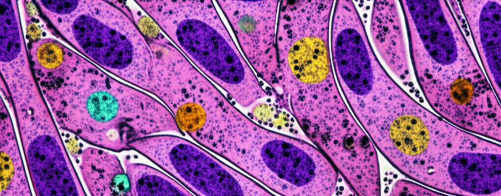 Fotografia macro di cellule epatiche (epatociti) al microscopio, alcune mostrano segni di danno (steatosi, goccioline lipidiche), con molecole stilizzate di tassani (paclitaxel, docetaxel) che interagiscono con esse. Illuminazione drammatica da laboratorio, obiettivo macro 105mm, alta definizione, messa a fuoco precisa sui dettagli cellulari e sulle interazioni molecolari.