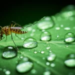 Fotografia macro di gocce di olio di cocco su una foglia verde tropicale con una zanzara sfocata sullo sfondo, illuminazione naturale filtrata, alta definizione, messa a fuoco precisa sulle gocce d'olio, obiettivo macro 90mm.