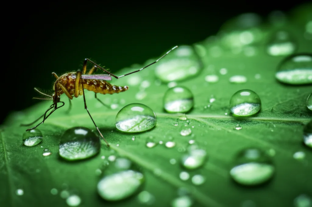 Fotografia macro di gocce di olio di cocco su una foglia verde tropicale con una zanzara sfocata sullo sfondo, illuminazione naturale filtrata, alta definizione, messa a fuoco precisa sulle gocce d'olio, obiettivo macro 90mm.