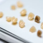 Fotografia macro, lente 90mm, di diversi campioni di composito dentale bulk fill su un vassoio da laboratorio, alcuni con leggere macchie simili a caffè, illuminazione controllata da studio, alta definizione dei dettagli superficiali, sfondo sfocato.