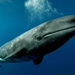 Fotografia naturalistica subacquea mozzafiato di uno zifio di Blainville (Mesoplodon densirostris) che emerge dalle profondità oscure verso la superficie illuminata dal sole, bolle d'aria che salgono. Teleobiettivo 150mm, illuminazione drammatica subacquea, messa a fuoco nitida sulla balena, alta velocità dell'otturatore per catturare il movimento ascendente.