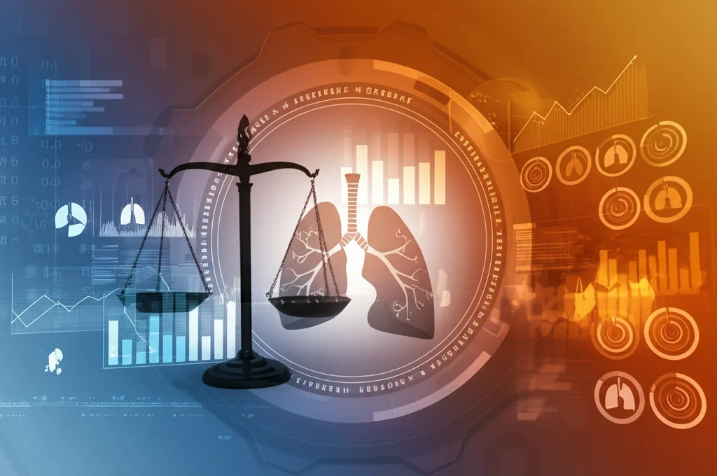 Illustrazione medica astratta che mostra silhouette di polmoni umani sovrapposti a una bilancia e a grafici di dati statistici. Colori caldi e freddi contrastanti (blu e arancione duotone), profondità di campo per mettere a fuoco i polmoni, stile moderno e pulito.
