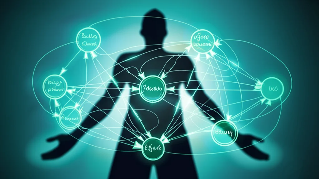 Immagine concettuale che illustra la complessità dell'obesità come un sistema interconnesso, con frecce luminose e nodi che rappresentano cause, effetti e feedback loop, sovrapposta a una silhouette umana stilizzata e sfocata, stile wide-angle 24mm, depth of field, duotone blu scuro e verde acqua.