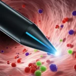Immagine concettuale fotorealistica che mostra un endoscopio che si avvicina alla mucosa gastrica con aree che evidenziano graficamente profili metabolomici alterati (molecole colorate), simboleggiando la diagnosi precoce di lesioni precancerose gastriche tramite metabolomica. Illuminazione drammatica interna allo stomaco, focus selettivo sulla punta dell'endoscopio e sulla mucosa, lente macro 80mm, alta definizione, texture realistica della mucosa.