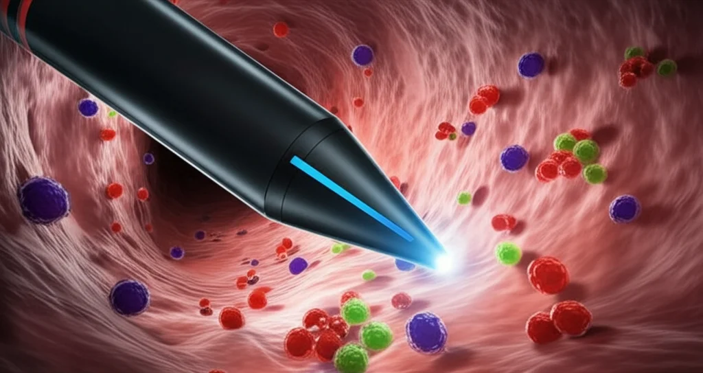 Immagine concettuale fotorealistica che mostra un endoscopio che si avvicina alla mucosa gastrica con aree che evidenziano graficamente profili metabolomici alterati (molecole colorate), simboleggiando la diagnosi precoce di lesioni precancerose gastriche tramite metabolomica. Illuminazione drammatica interna allo stomaco, focus selettivo sulla punta dell'endoscopio e sulla mucosa, lente macro 80mm, alta definizione, texture realistica della mucosa.