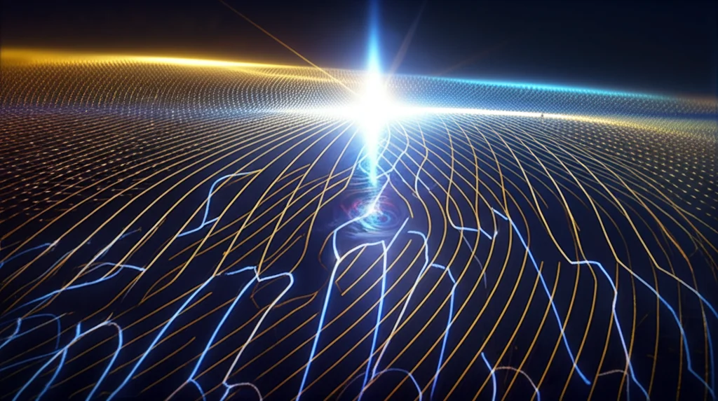 Immagine concettuale fotorealistica di un qubit basato su SVILC: una nano-isola di Bi-2212 con vortici di spin e correnti a loop visualizzate come scie luminose, manipolata da campi esterni rappresentati da linee di forza. Lente macro 80mm, alta definizione, illuminazione drammatica blu e oro per evidenziare i fenomeni quantistici.