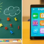 Immagine fotorealistica che simboleggia la scelta tra insegnamento tradizionale e digitale per l'inglese prescolare: a sinistra, una lavagna scolastica con disegni infantili colorati e lettere magnetiche; a destra, uno schermo luminoso di tablet con un'interfaccia di app educativa per bambini. Le due metà sono divise ma idealmente collegate. Stile pulito, illuminazione bilanciata, obiettivo 50mm, profondità di campo media.