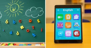 Immagine fotorealistica che simboleggia la scelta tra insegnamento tradizionale e digitale per l'inglese prescolare: a sinistra, una lavagna scolastica con disegni infantili colorati e lettere magnetiche; a destra, uno schermo luminoso di tablet con un'interfaccia di app educativa per bambini. Le due metà sono divise ma idealmente collegate. Stile pulito, illuminazione bilanciata, obiettivo 50mm, profondità di campo media.