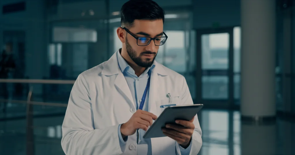 Immagine fotorealistica di un farmacista clinico saudita, uomo o donna, in camice bianco in un ambiente ospedaliero moderno e luminoso in Arabia Saudita, che consulta un tablet visualizzando grafici e dati relativi al nuovo Saudi Pharmacotherapy Toolkit. Obiettivo prime 50mm f/1.8, profondità di campo ridotta per focalizzare sul farmacista e il tablet, luce professionale e morbida che illumina il volto concentrato ma ottimista. Simboleggia l'innovazione, l'adattamento locale e la tecnologia nella formazione sanitaria avanzata.