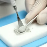 Scatto macro fotorealistico, obiettivo macro 100mm, di cemento dentale policarbossilato mentre viene miscelato su un blocchetto da una mano guantata con una spatola. Alto dettaglio, messa a fuoco precisa, che mostra le componenti distinte di polvere e liquido che iniziano a combinarsi, illuminazione clinica brillante.