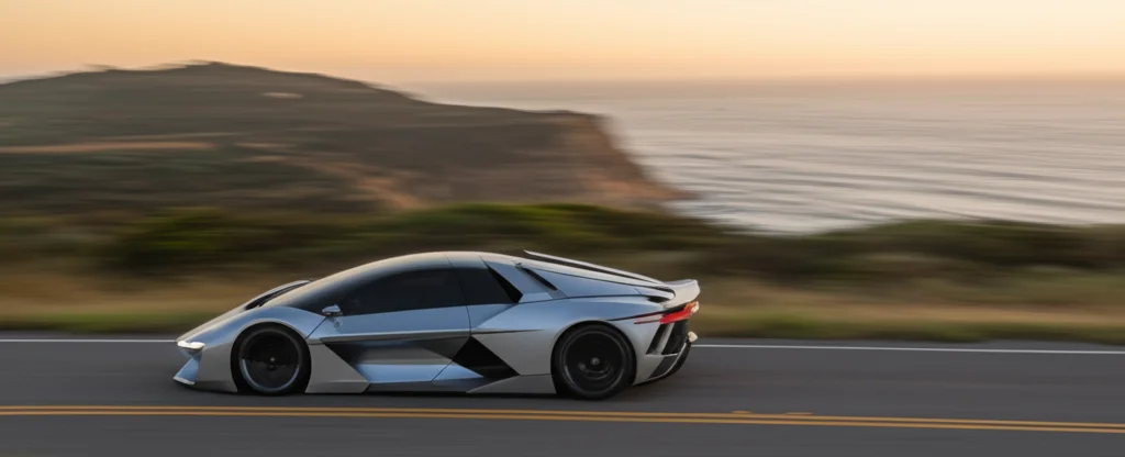 Vista dinamica laterale di un'auto elettrica futuristica che sfreccia su una strada costiera al tramonto, lasciando una scia luminosa sfocata. Obiettivo teleobiettivo zoom 150mm, fast shutter speed, movement tracking, colori caldi e saturi.