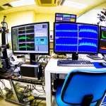 Vista grandangolare, obiettivo 15mm, fotorealistica all'interno di un moderno laboratorio di ricerca neuroscientifica, che mostra schermi di computer con dati sulle onde cerebrali (segnali LFP) e attrezzature per studi su animali, messa a fuoco nitida, illuminazione controllata, rappresentante la ricerca sull'epilessia.