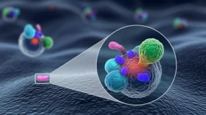 Visualizzazione 3D fotorealistica del cervello umano con un'area ingrandita che mostra cellule di glioblastoma. Sulla membrana di queste cellule sono evidenziati i recettori SSTR1 e SSTR2 (rappresentati come strutture proteiche) con molecole di octreotide e pasireotide (SSA) che si legano ad essi. Illuminazione drammatica stile 'film noir' con toni blu scuro e grigio, profondità di campo che sfoca lo sfondo del cervello, focus nitido sull'interazione farmaco-recettore. Lente prime 35mm.