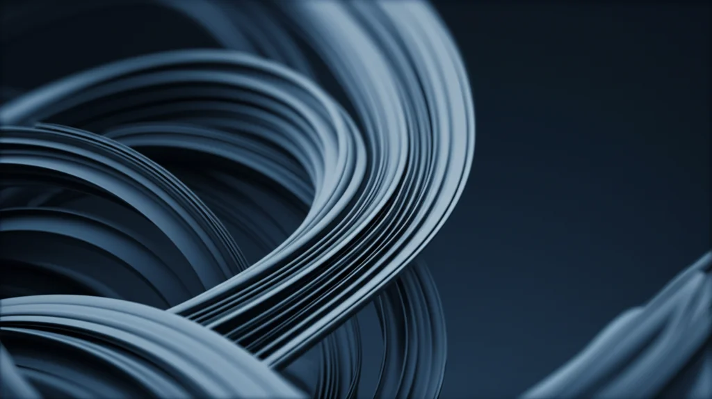 Visualizzazione artistica ma fotorealistica del concetto di B-spline definite sul Gruppo di Heisenberg. Immagine astratta con strutture curve e lisce che si intrecciano in uno spazio tridimensionale non euclideo, evocando la non commutatività. Resa con profondità di campo ridotta, obiettivo prime 35mm, toni duotone blu e grigio scuro per un'atmosfera scientifica e misteriosa.