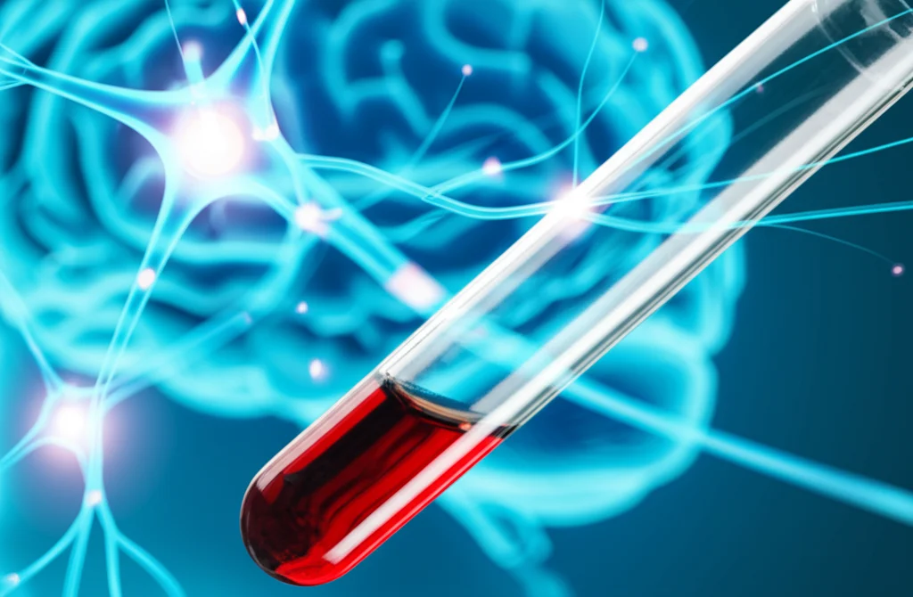 Fotografia macro di una provetta per analisi del sangue in laboratorio, messa a fuoco precisa sul campione di sangue. Sullo sfondo sfocato, una rappresentazione grafica stilizzata di un cervello sano con connessioni neurali luminose. Obiettivo macro 100mm, illuminazione controllata da studio, alta definizione dei dettagli sulla provetta.