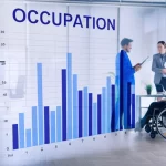 Immagine composita che mostra da un lato un grafico statistico complesso sull'occupazione e dall'altro un gruppo eterogeneo di persone al lavoro in un ufficio moderno, alcune con disabilità visibili (es. utente di sedia a rotelle, persona con protesi). L'immagine simboleggia il legame tra dati e realtà umana nel contesto lavorativo. Prime lens, 35mm, depth of field, colori naturali.