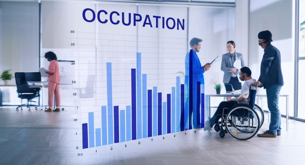 Immagine composita che mostra da un lato un grafico statistico complesso sull'occupazione e dall'altro un gruppo eterogeneo di persone al lavoro in un ufficio moderno, alcune con disabilità visibili (es. utente di sedia a rotelle, persona con protesi). L'immagine simboleggia il legame tra dati e realtà umana nel contesto lavorativo. Prime lens, 35mm, depth of field, colori naturali.