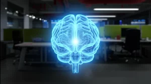 Immagine concettuale fotorealistica del cervello umano luminoso sovrapposto a un moderno ambiente di lavoro open space frenetico, obiettivo 50mm, profondità di campo ridotta per mettere a fuoco il cervello, illuminazione drammatica che simboleggia lo stress cognitivo.