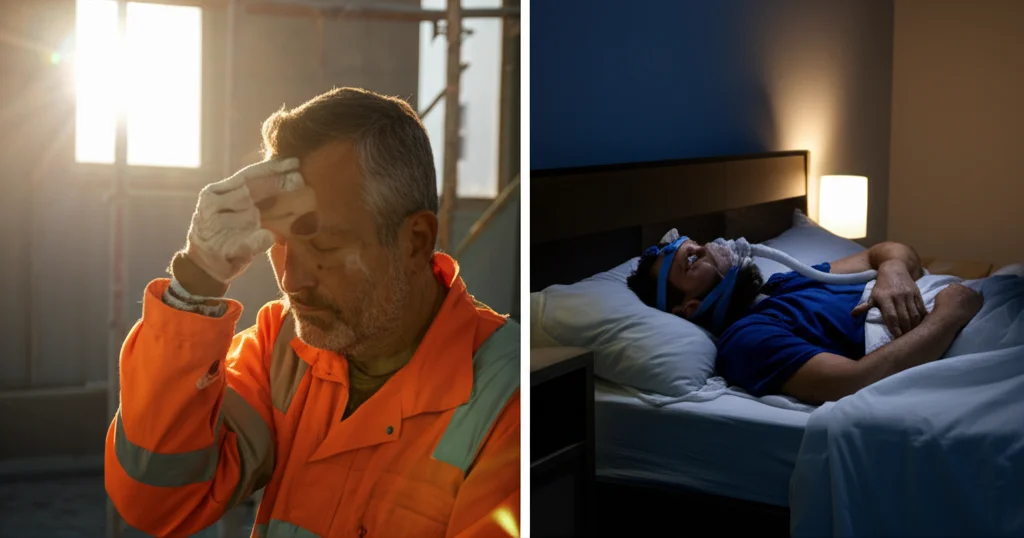 Immagine divisa verticalmente: a sinistra, un operaio edile stanco si asciuga il sudore dalla fronte in un cantiere sotto il sole cocente, teleobiettivo 100mm, fast shutter speed; a destra, la stessa persona dorme profondamente ma con una maschera CPAP per l'apnea notturna in una camera da letto buia, luce soffusa dalla finestra, obiettivo 50mm.