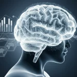 Immagine fotorealistica concettuale che combina una visualizzazione stilizzata del cervello umano con elementi grafici rappresentanti l'intelligenza artificiale e l'analisi dei dati, obiettivo 35mm, duotone blu e grigio, profondità di campo, simboleggiando la previsione della progressione dell'Alzheimer tramite machine learning.