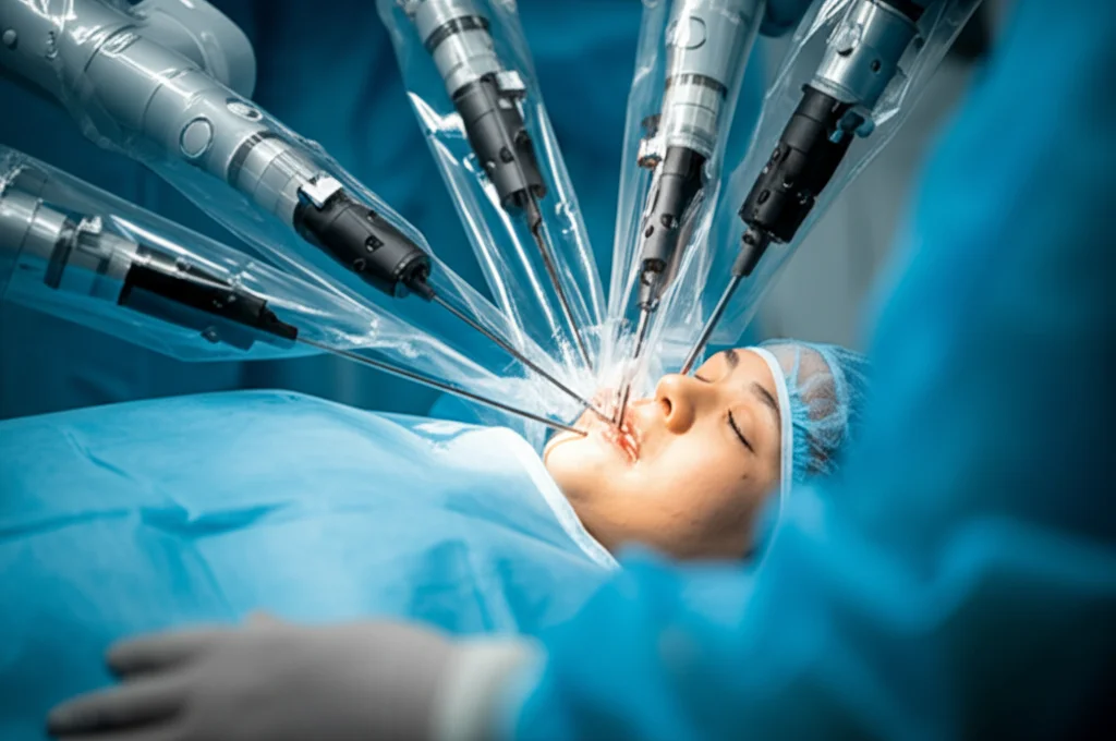 Immagine fotorealistica di un braccio robotico chirurgico di precisione che opera delicatamente sulla zona del collo di un paziente simulato, focus nitido sugli strumenti, illuminazione da sala operatoria, dettagli elevati, macro lens 85mm.