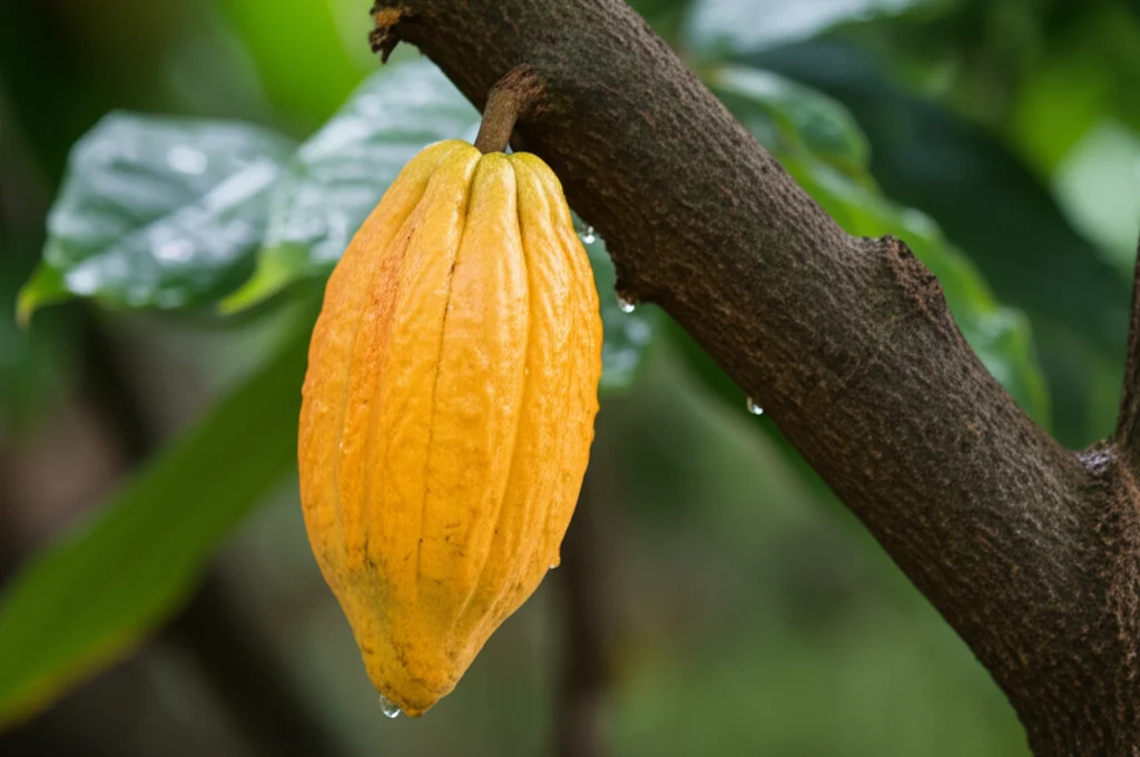 Primo piano di una cabossa di cacao matura e sana su un ramo, con foglie verdi brillanti leggermente bagnate da gocce d'acqua, simbolo di vitalità e resistenza. Macro lens, 90mm, alta definizione, luce naturale morbida, messa a fuoco precisa sulla texture della cabossa e sulle gocce d'acqua.