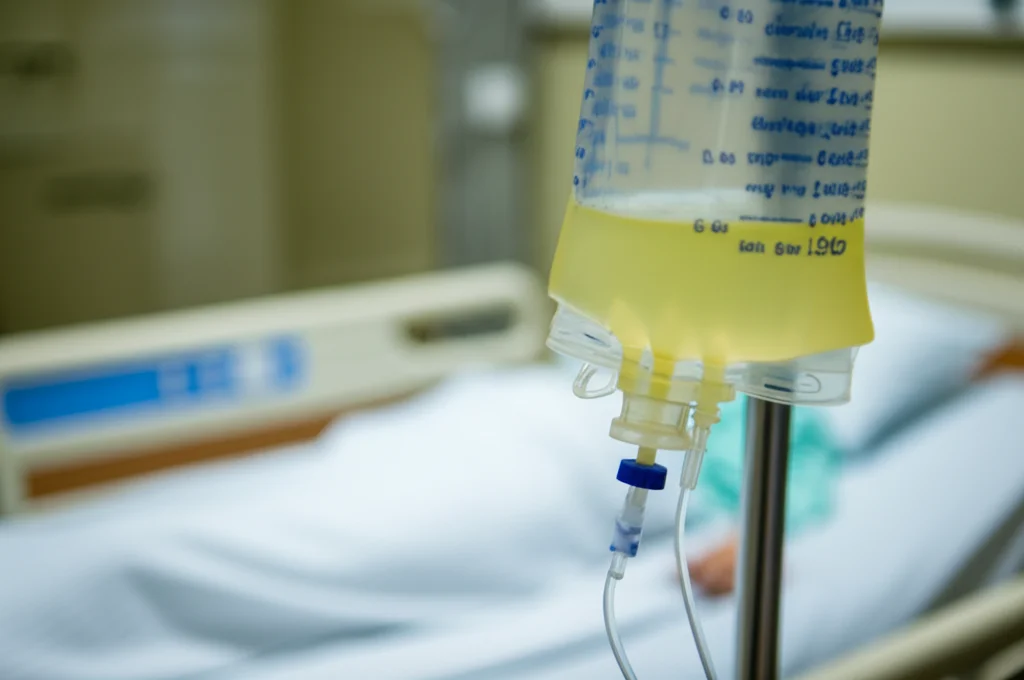 Primo piano di una sacca di drenaggio ascitico parzialmente riempita accanto a un letto d'ospedale, luce clinica controllata, obiettivo macro 60mm, alta definizione, messa a fuoco sul liquido giallastro, simbolo delle cure palliative per l'ascite refrattaria.