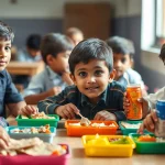 Ritratto fotografico di un gruppo diversificato di bambini delle scuole primarie indiane seduti a un tavolo durante la pausa pranzo, 35mm prime lens, alcuni mangiano da lunchbox colorati contenenti cibo sano fatto in casa (roti, verdure), altri hanno snack confezionati e bevande zuccherate, espressioni miste, profondità di campo ridotta per mettere a fuoco i bambini e il cibo, luce naturale morbida che entra da una finestra vicina.