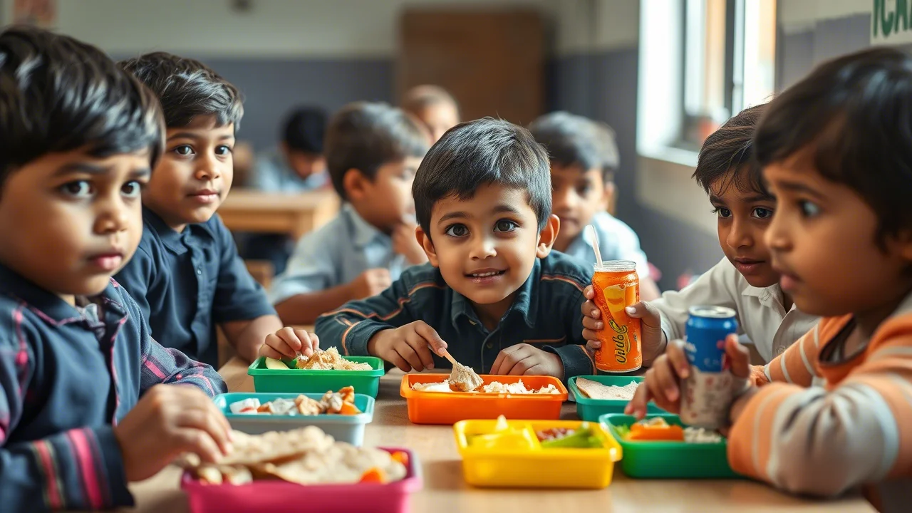 Ritratto fotografico di un gruppo diversificato di bambini delle scuole primarie indiane seduti a un tavolo durante la pausa pranzo, 35mm prime lens, alcuni mangiano da lunchbox colorati contenenti cibo sano fatto in casa (roti, verdure), altri hanno snack confezionati e bevande zuccherate, espressioni miste, profondità di campo ridotta per mettere a fuoco i bambini e il cibo, luce naturale morbida che entra da una finestra vicina.