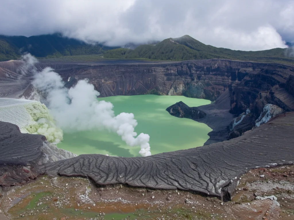 Veduta aerea del cratere del vulcano Poás con un lago craterico acido parzialmente visibile e pennacchi di gas/vapore, obiettivo grandangolare 20mm, fotografia paesaggistica, luce diurna diffusa, messa a fuoco nitida sull'intero paesaggio vulcanico.