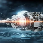 Visualizzazione 3D high-tech di un gemello digitale di un sistema meccanico complesso (come un motore o un riduttore) affiancato alla sua controparte fisica, con flussi di dati luminosi che li collegano, sfondo astratto tecnologico, illuminazione cinematografica controllata, obiettivo prime 50mm, alta definizione.