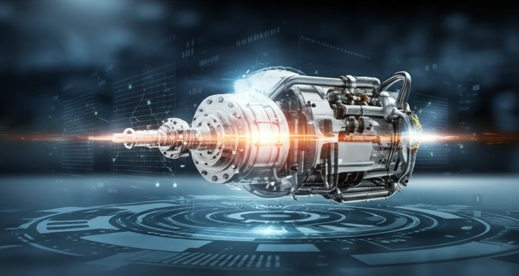 Visualizzazione 3D high-tech di un gemello digitale di un sistema meccanico complesso (come un motore o un riduttore) affiancato alla sua controparte fisica, con flussi di dati luminosi che li collegano, sfondo astratto tecnologico, illuminazione cinematografica controllata, obiettivo prime 50mm, alta definizione.