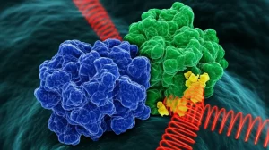 Visualizzazione artistica e fotorealistica del meccanismo molecolare YOD1-ZNF24-VEGFA all'interno di una cellula di carcinoma renale a cellule chiare. La proteina YOD1 (in blu luminoso) interagisce strettamente con ZNF24 (in verde strutturato), rimuovendo piccole etichette di ubiquitina (giallo) da essa. Questo impedisce la degradazione di ZNF24 e le permette di bloccare il segnale VEGFA (rappresentato da onde rosse attenuate) che promuove la crescita tumorale e l'angiogenesi. Lente prime 35mm, profondità di campo ridotta per focalizzare sull'interazione, illuminazione drammatica con contrasti netti.