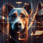 Composizione artistica che mostra diversi volti di animali (gatto, cane, cavallo) parzialmente coperti da grafici e linee di codice luminose che simboleggiano l'analisi dell'intelligenza artificiale delle loro emozioni, obiettivo grandangolare 24mm, effetto duotone blu e arancione, profondità di campo.