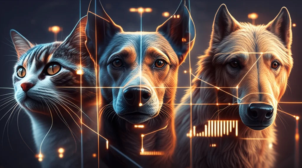 Composizione artistica che mostra diversi volti di animali (gatto, cane, cavallo) parzialmente coperti da grafici e linee di codice luminose che simboleggiano l'analisi dell'intelligenza artificiale delle loro emozioni, obiettivo grandangolare 24mm, effetto duotone blu e arancione, profondità di campo.