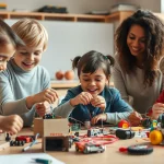 Fotografia realistica di un gruppo eterogeneo di bambini della scuola primaria (6-7 anni) che collaborano gioiosamente a un tavolo da lavoro pieno di materiali STEM (cartone, robot educativi, circuiti semplici), costruendo prototipi colorati. Un'insegnante li osserva con fare incoraggiante. Obiettivo 35mm, profondità di campo, luce naturale brillante, stile documentaristico.