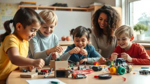 Fotografia realistica di un gruppo eterogeneo di bambini della scuola primaria (6-7 anni) che collaborano gioiosamente a un tavolo da lavoro pieno di materiali STEM (cartone, robot educativi, circuiti semplici), costruendo prototipi colorati. Un'insegnante li osserva con fare incoraggiante. Obiettivo 35mm, profondità di campo, luce naturale brillante, stile documentaristico.