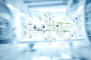 Immagine concettuale che mostra un flusso di dati digitali medici astratti (simboleggianti articoli di ricerca e trial clinici) che si trasformano rapidamente in linee guida cliniche chiare e strutturate visualizzate su uno schermo digitale moderno, obiettivo 50mm prime, profondità di campo ridotta per focalizzare sul flusso di dati, illuminazione high-key brillante, simboleggia l'accelerazione dell'aggiornamento delle linee guida grazie all'IA e all'NLP.