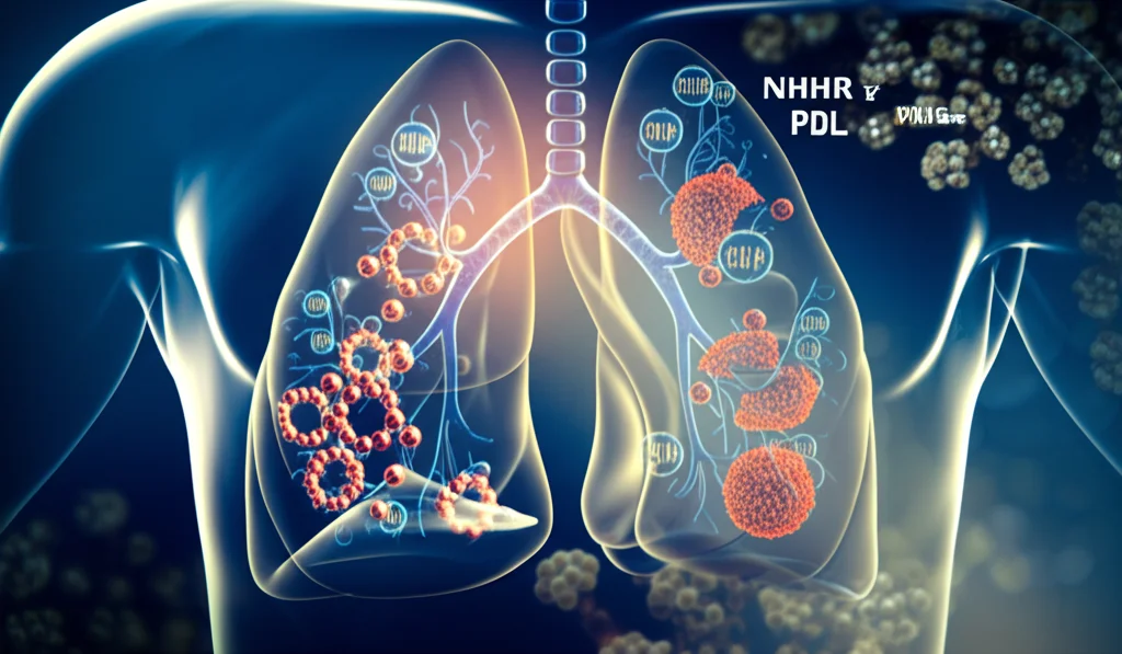 Immagine concettuale fotorealistica che mostra una sezione trasversale stilizzata dei polmoni umani sovrapposta a molecole di colesterolo HDL e non-HDL fluttuanti. In primo piano, un grafico che mostra la correlazione tra NHHR e PRISm. Luce drammatica, profondità di campo, obiettivo 35mm, duotone blu e oro.