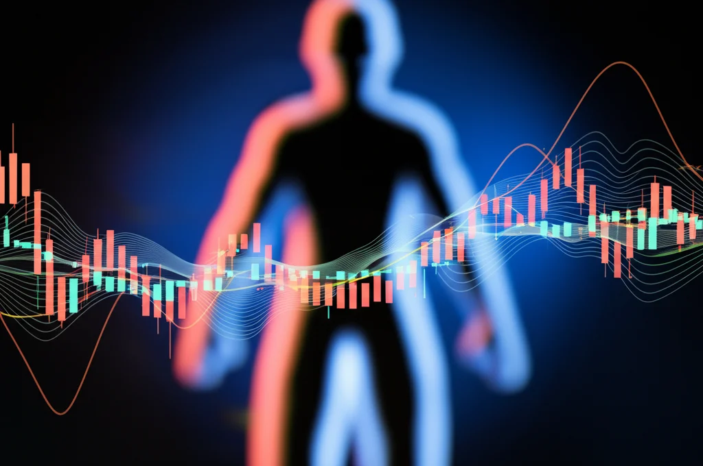Immagine concettuale fotorealistica: una curva dinamica dei livelli di glucosio (CGM) si trasforma fluidamente in un grafico di autocorrelazione astratto e colorato, sovrapposta a una silhouette umana stilizzata e sfocata che indica la salute metabolica, illuminazione drammatica da studio, obiettivo 50mm, profondità di campo ridotta.