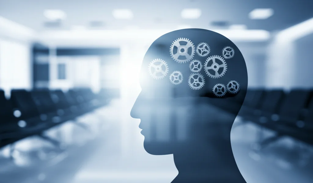 Immagine concettuale: silhouette di una testa umana con ingranaggi visibili all'interno, sovrapposta a una sfocata sala d'attesa di un ospedale, toni blu e grigi duotone, obiettivo 50mm, profondità di campo per mettere a fuoco la silhouette.