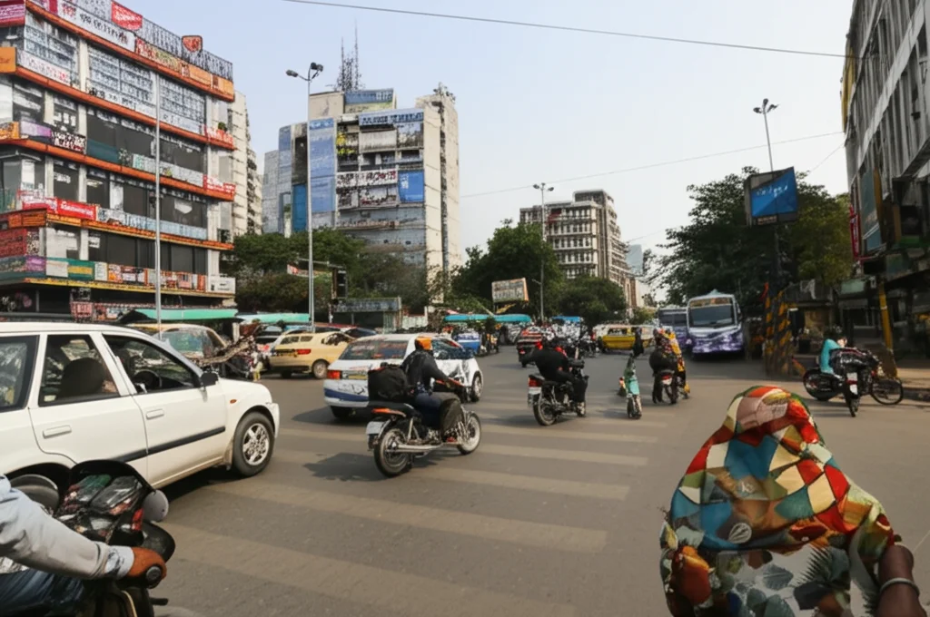 Incrocio semaforizzato trafficato in una città indiana di medie dimensioni, con pedoni che attraversano tra auto, risciò e moto, evidenziando la complessità della sicurezza pedonale. Photorealistic image, wide-angle lens 24mm, sharp focus, daytime.