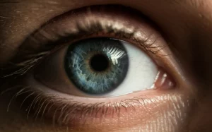 Primo piano di un occhio umano sano e luminoso che guarda verso la luce, riflessi dettagliati nell'iride blu, messa a fuoco nitida sulla pupilla, illuminazione da studio controllata, lente macro 90mm, alta definizione, fotorealistico.