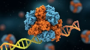 Rappresentazione 3D fotorealistica della proteina MCM4 (in blu) che forma un complesso esamerico e interagisce con un filamento di DNA (in arancione/giallo) all'interno del nucleo di una cellula tumorale pancreatica. Dettagli molecolari precisi, illuminazione drammatica che evidenzia l'interazione, sfondo scuro e sfocato per enfatizzare il soggetto, profondità di campo ridotta.